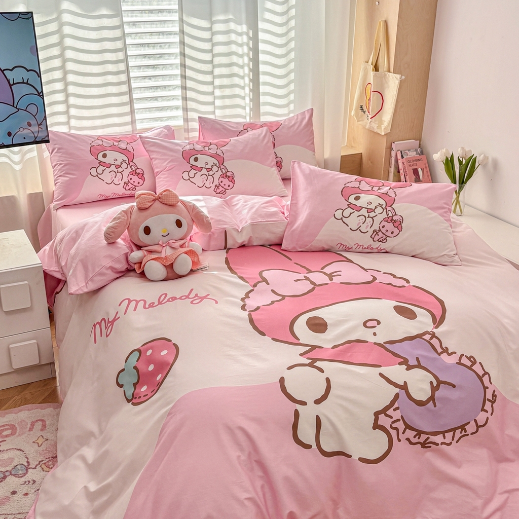 91家纺网 家纺一手货源 找家纺 孩子王家纺 2026新款卡通全棉纯棉正版授权大版三丽鸥系列四件套 草莓美乐蒂