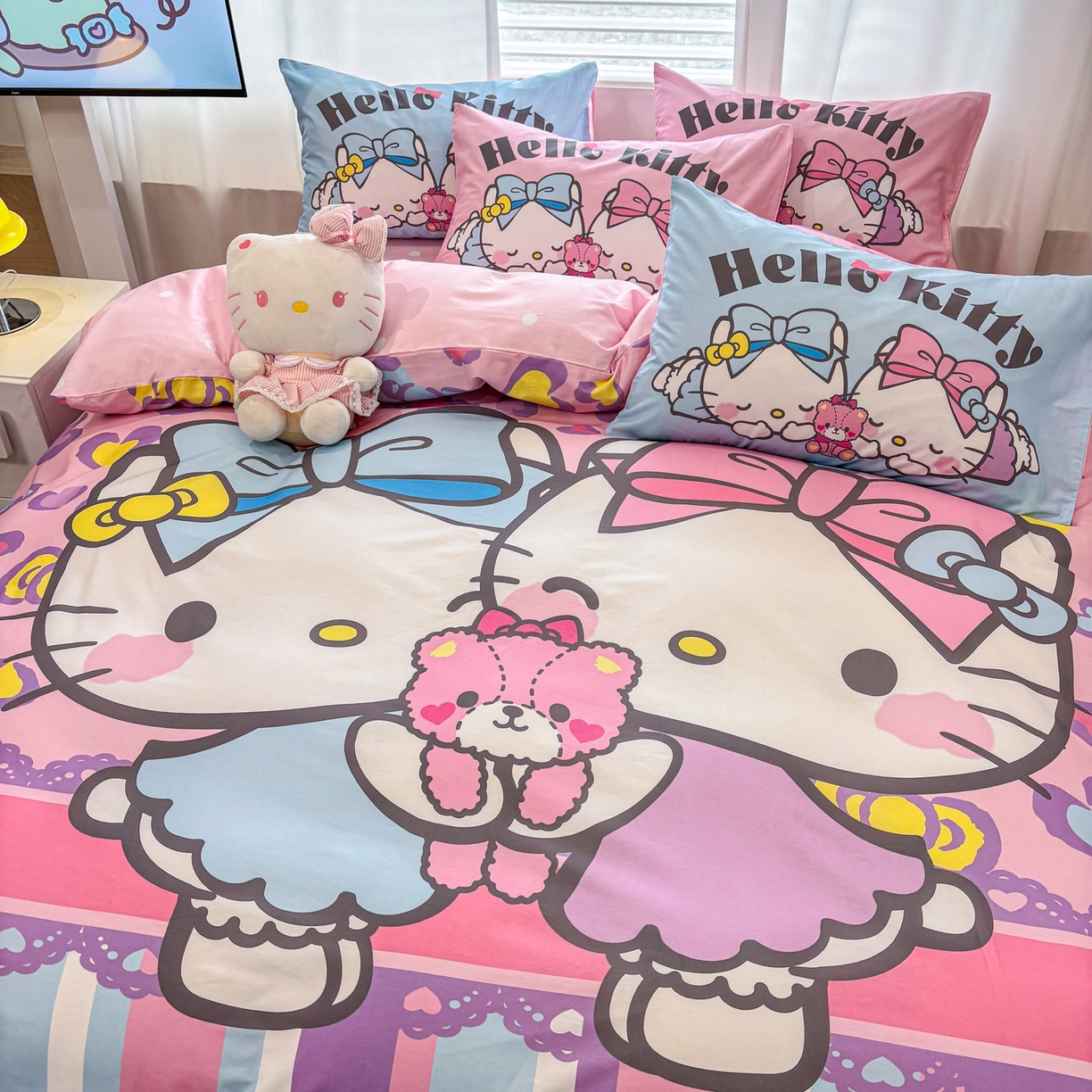 91家纺网 家纺一手货源 找家纺 孩子王家纺 2026新款卡通全棉纯棉正版授权大版三丽鸥系列四件套 kt双子星