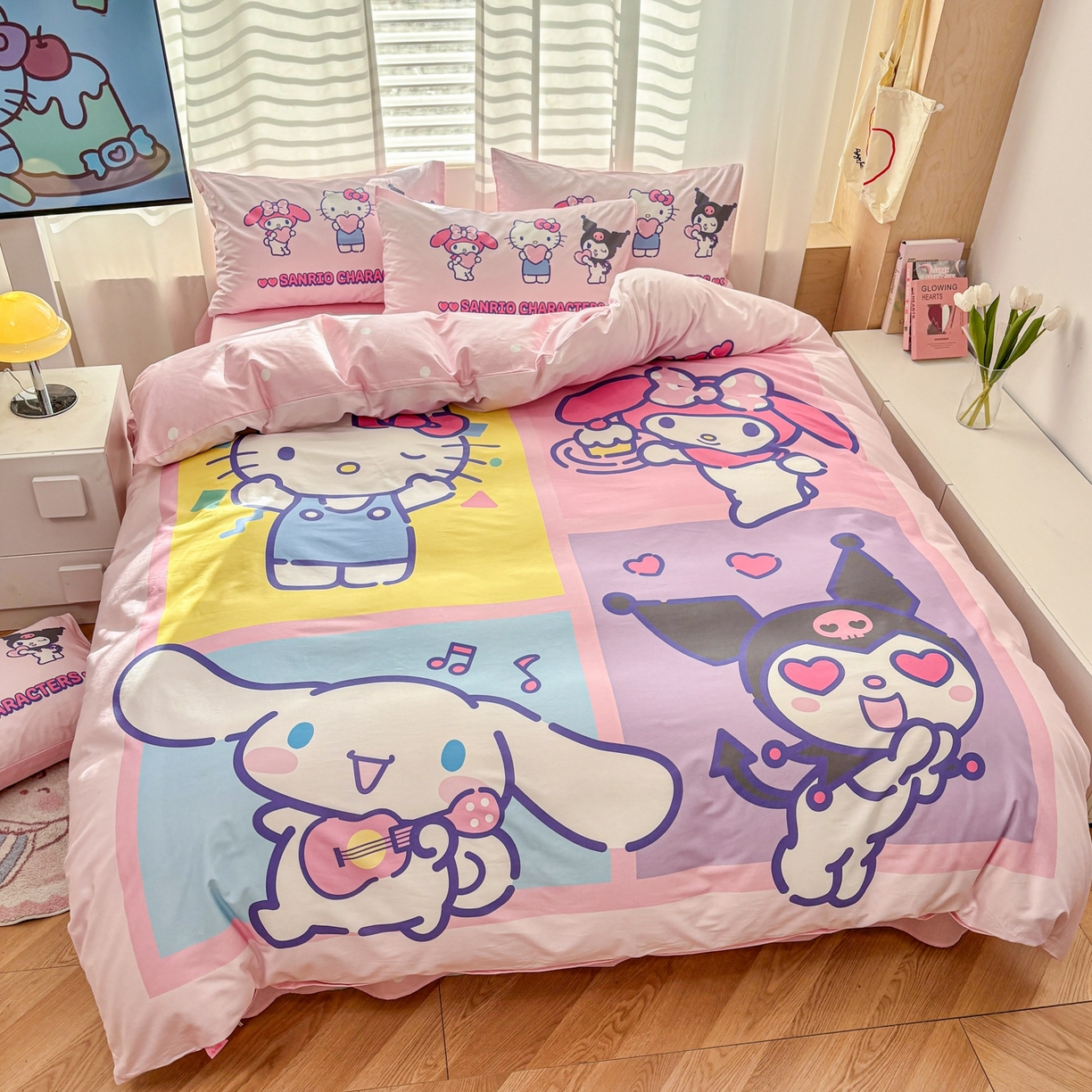 91家纺网 家纺一手货源 找家纺 孩子王家纺 2026新款卡通全棉纯棉正版授权大版三丽鸥系列四件套 马卡龙三丽鸥