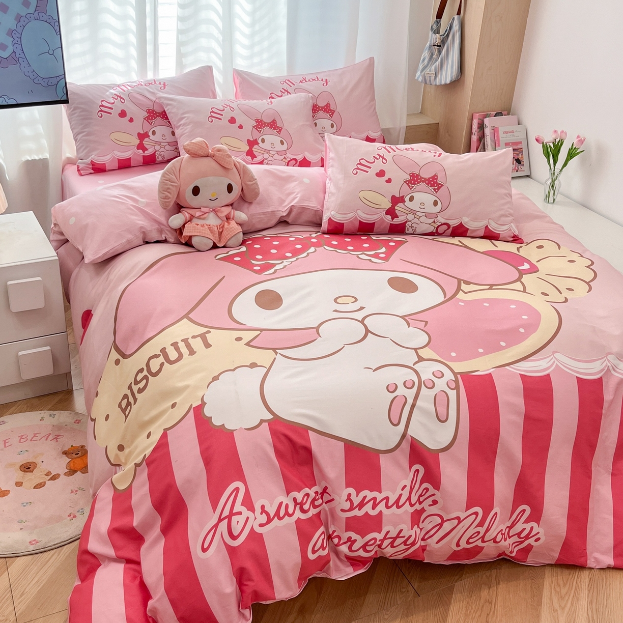 91家纺网 家纺一手货源 找家纺 孩子王家纺 2026新款卡通全棉纯棉正版授权大版三丽鸥系列四件套 饼干美乐蒂