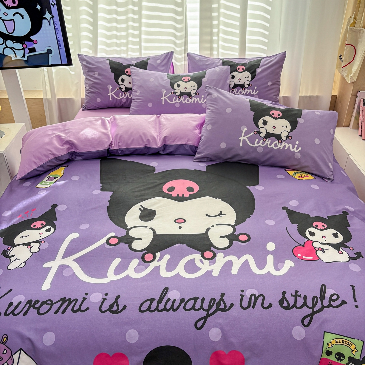 91家纺网 家纺一手货源 找家纺 孩子王家纺 2026新款卡通全棉纯棉正版授权大版三丽鸥系列四件套 圆点库洛米