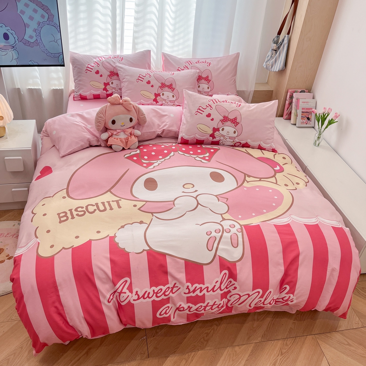 91家纺网 家纺一手货源 找家纺 孩子王家纺 2026新款卡通全棉纯棉正版授权大版三丽鸥系列四件套 饼干美乐蒂