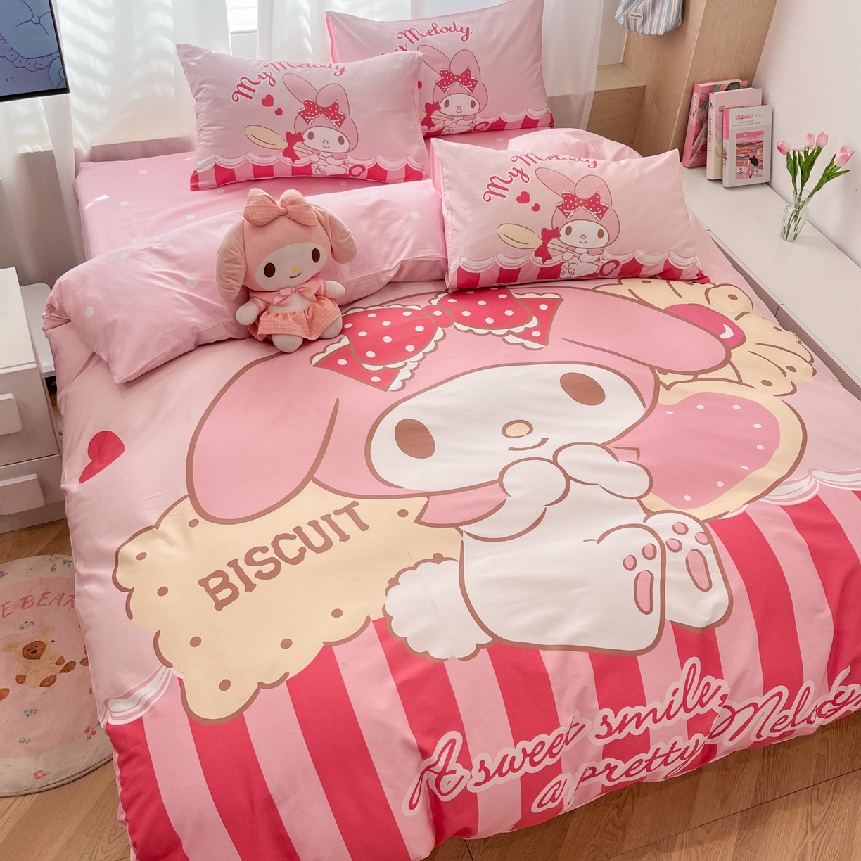 91家纺网 家纺一手货源 找家纺 孩子王家纺 2026新款卡通全棉纯棉正版授权大版三丽鸥系列四件套 饼干美乐蒂