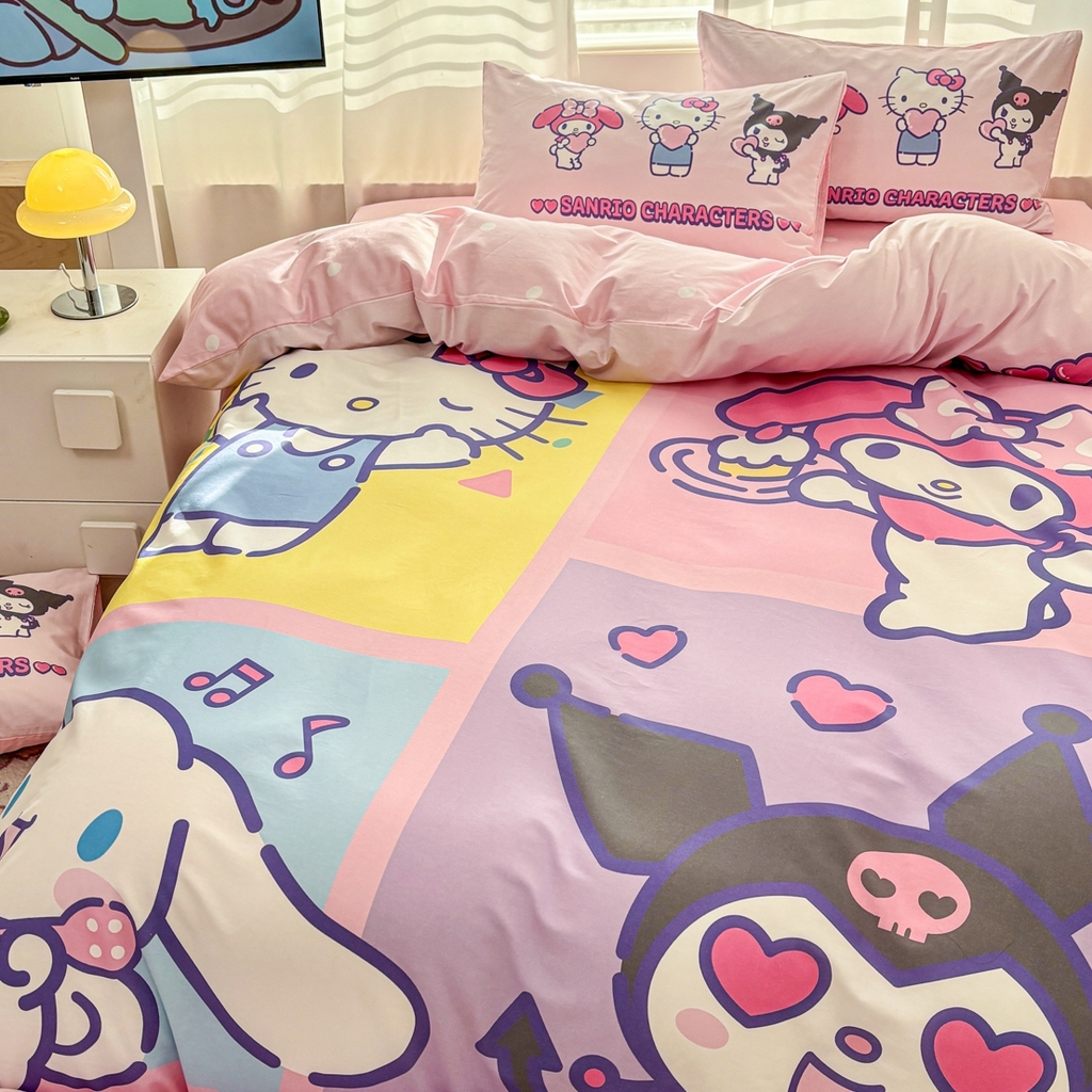 91家纺网 家纺一手货源 找家纺 孩子王家纺 2026新款卡通全棉纯棉正版授权大版三丽鸥系列四件套 马卡龙三丽鸥