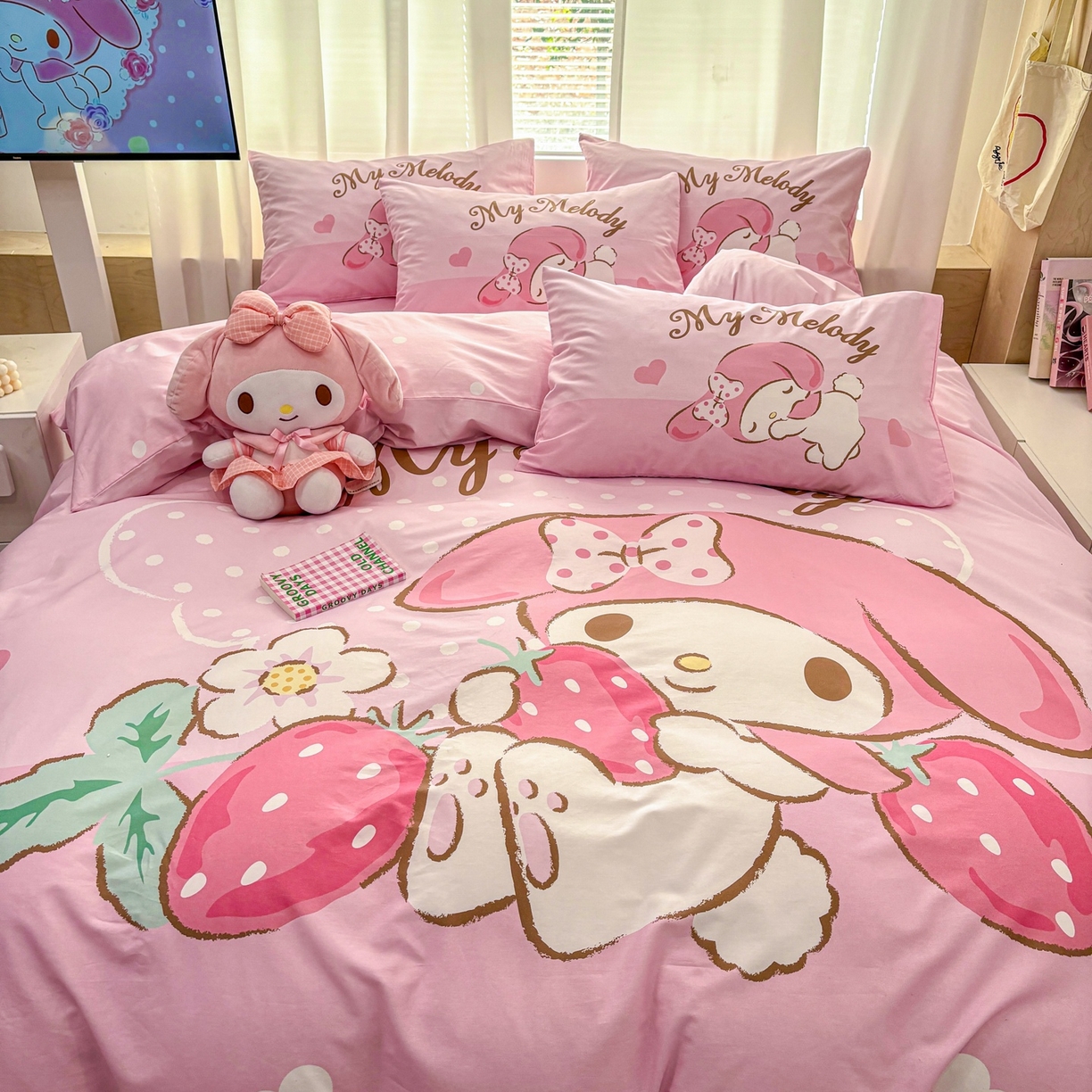 91家纺网 家纺一手货源 找家纺 孩子王家纺 2026新款卡通全棉纯棉正版授权大版三丽鸥系列四件套 美乐蒂日记