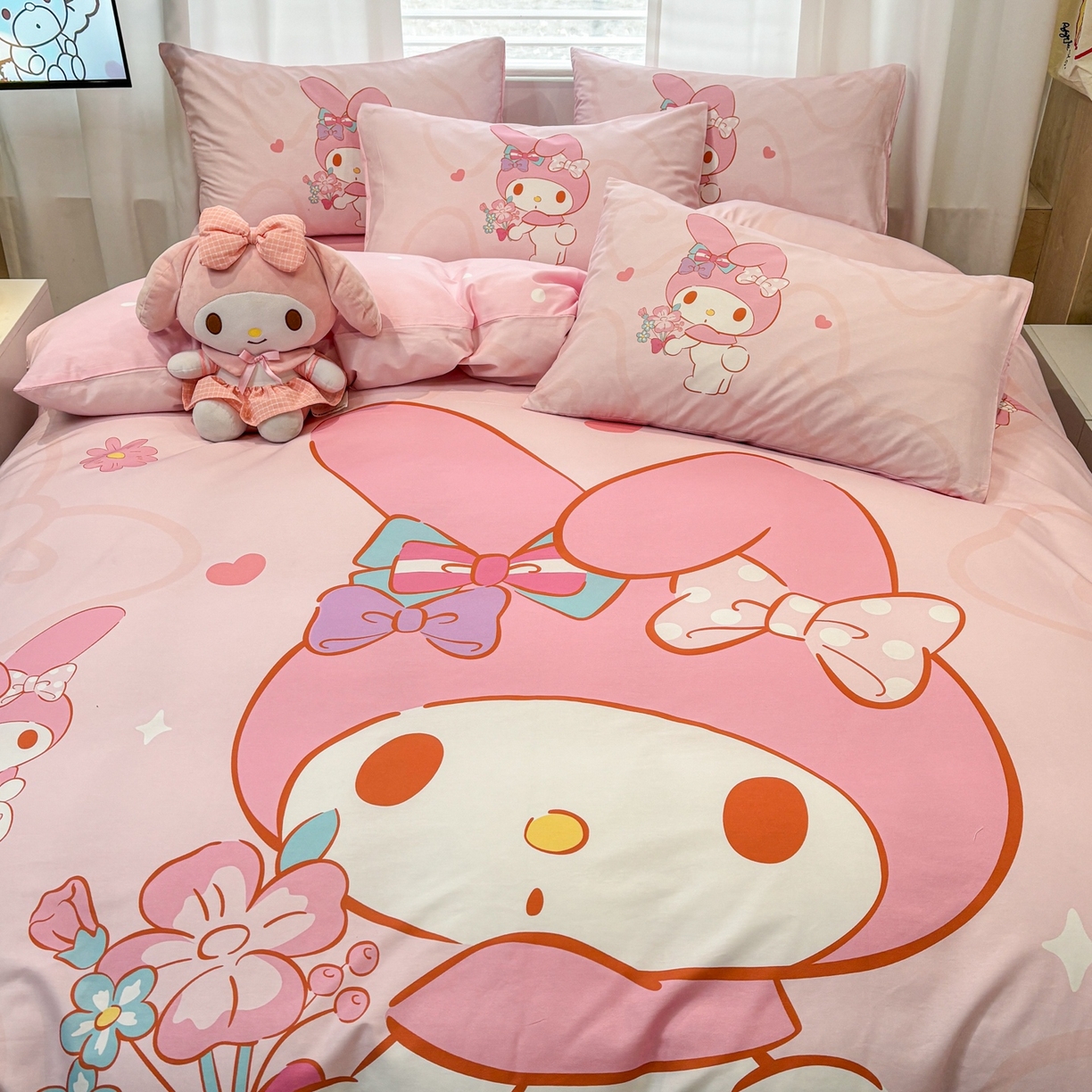 91家纺网 家纺一手货源 找家纺 孩子王家纺 2026新款卡通全棉纯棉正版授权大版三丽鸥系列四件套 调皮美乐蒂