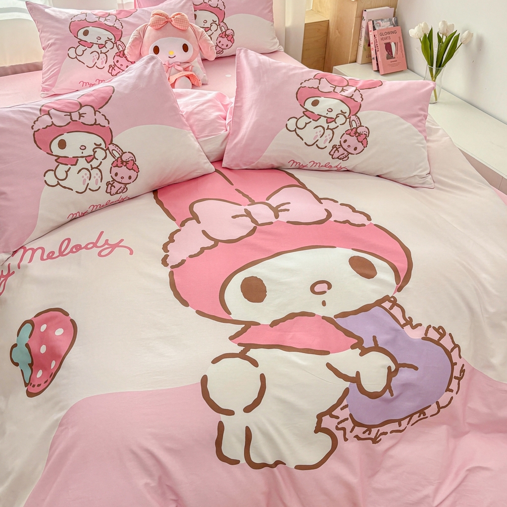 91家纺网 家纺一手货源 找家纺 孩子王家纺 2026新款卡通全棉纯棉正版授权大版三丽鸥系列四件套 草莓美乐蒂