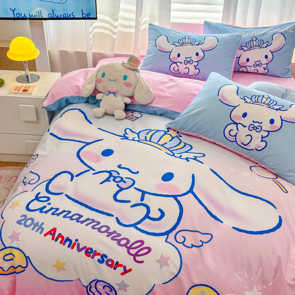 91家纺网 家纺一手货源 找家纺 孩子王家纺 2026新款卡通全棉纯棉正版授权大版三丽鸥系列四件套 闪亮玉桂狗