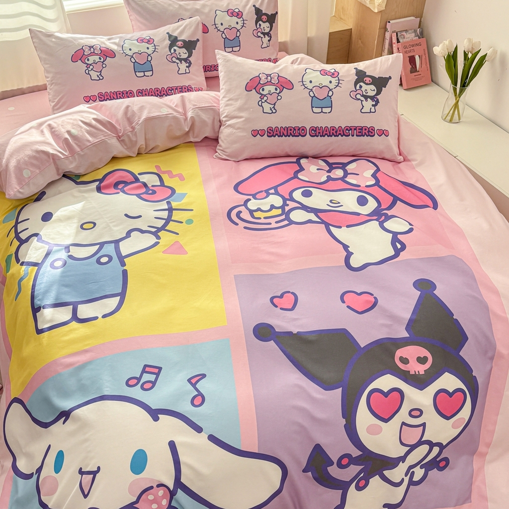 91家纺网 家纺一手货源 找家纺 孩子王家纺 2026新款卡通全棉纯棉正版授权大版三丽鸥系列四件套 马卡龙三丽鸥