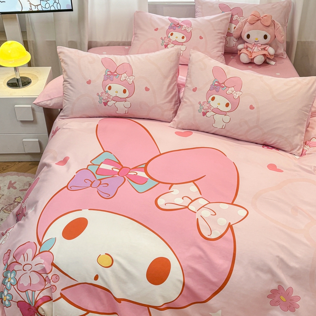 91家纺网 家纺一手货源 找家纺 孩子王家纺 2026新款卡通全棉纯棉正版授权大版三丽鸥系列四件套 调皮美乐蒂