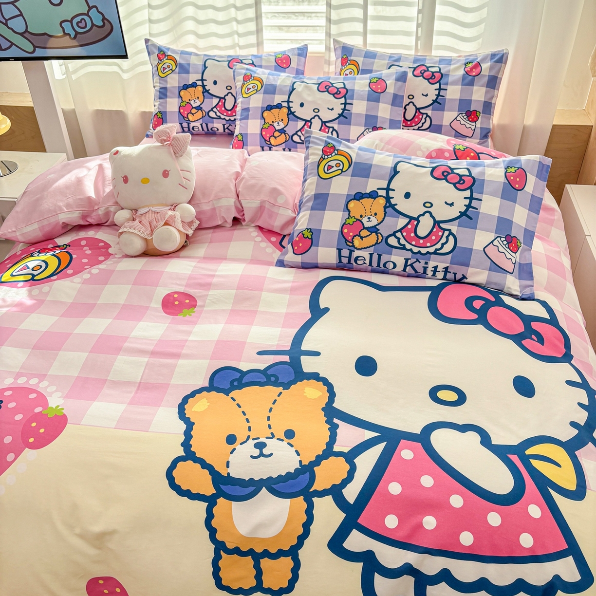 91家纺网 家纺一手货源 找家纺 孩子王家纺 2026新款卡通全棉纯棉正版授权大版三丽鸥系列四件套 格子乐园