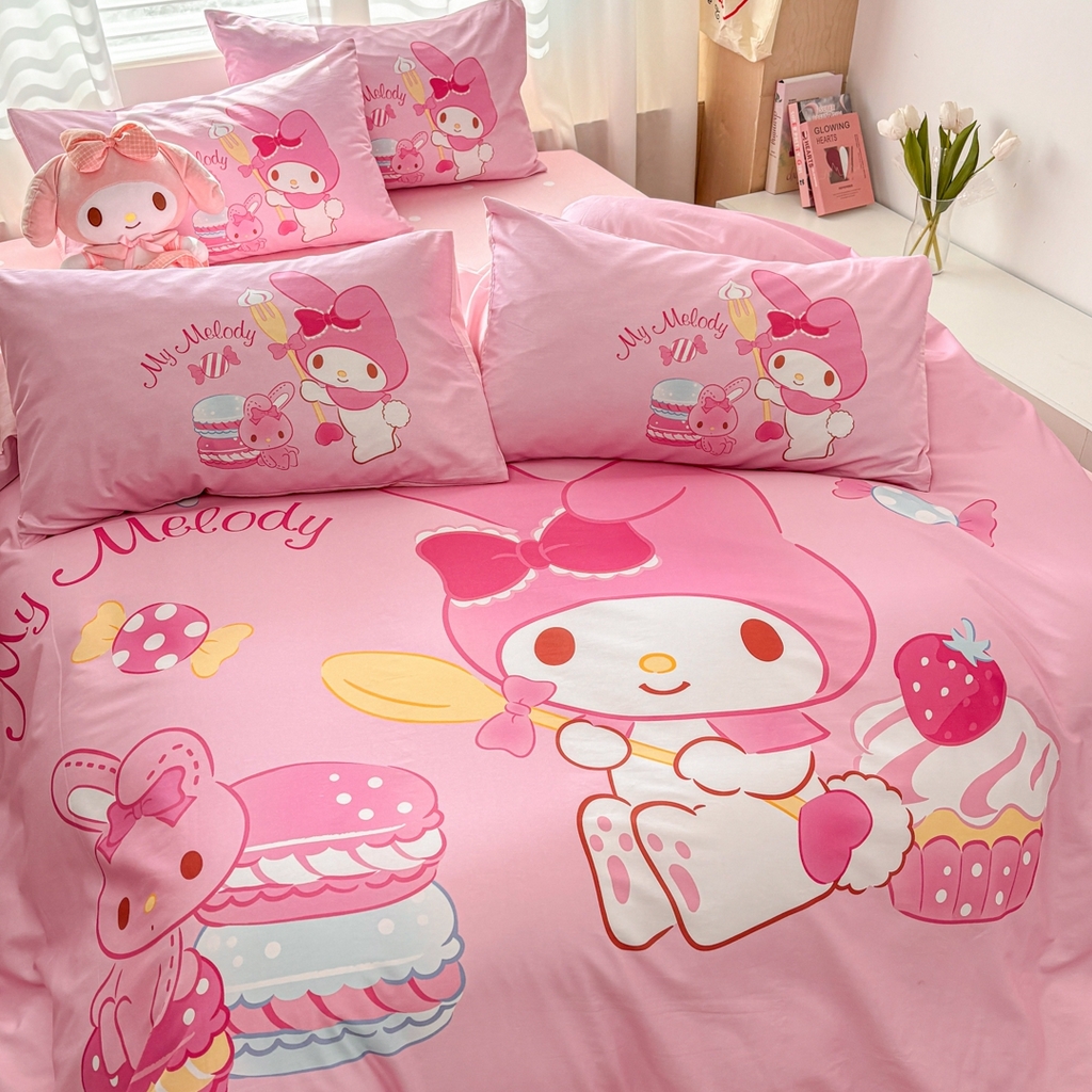 91家纺网 家纺一手货源 找家纺 孩子王家纺 2026新款卡通全棉纯棉正版授权大版三丽鸥系列四件套 蛋糕美乐蒂