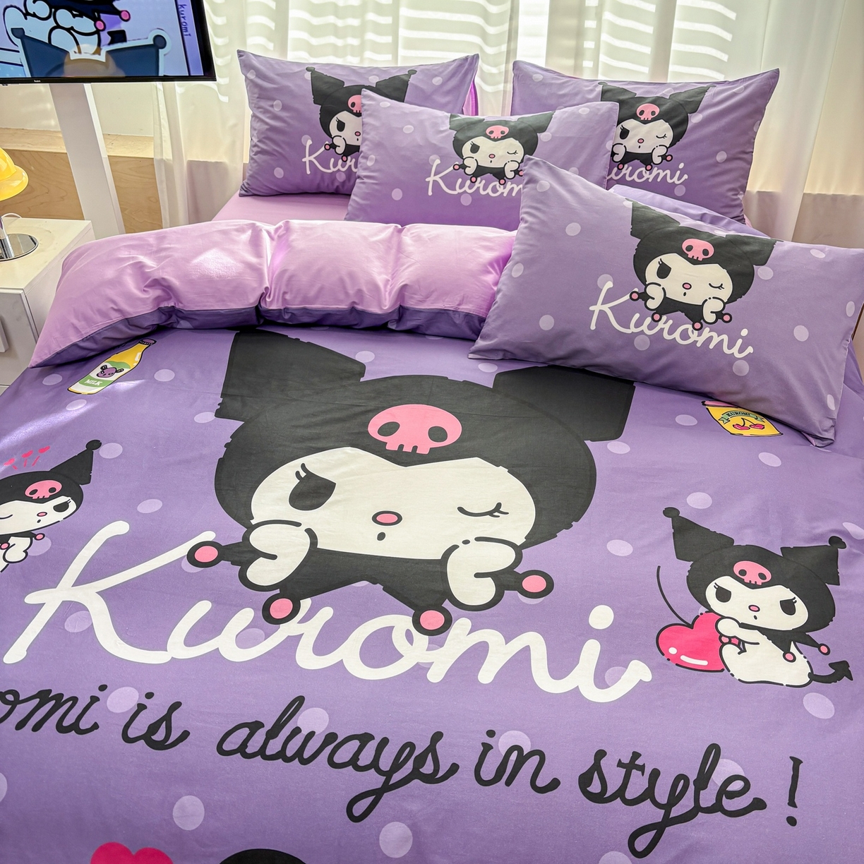 91家纺网 家纺一手货源 找家纺 孩子王家纺 2026新款卡通全棉纯棉正版授权大版三丽鸥系列四件套 圆点库洛米