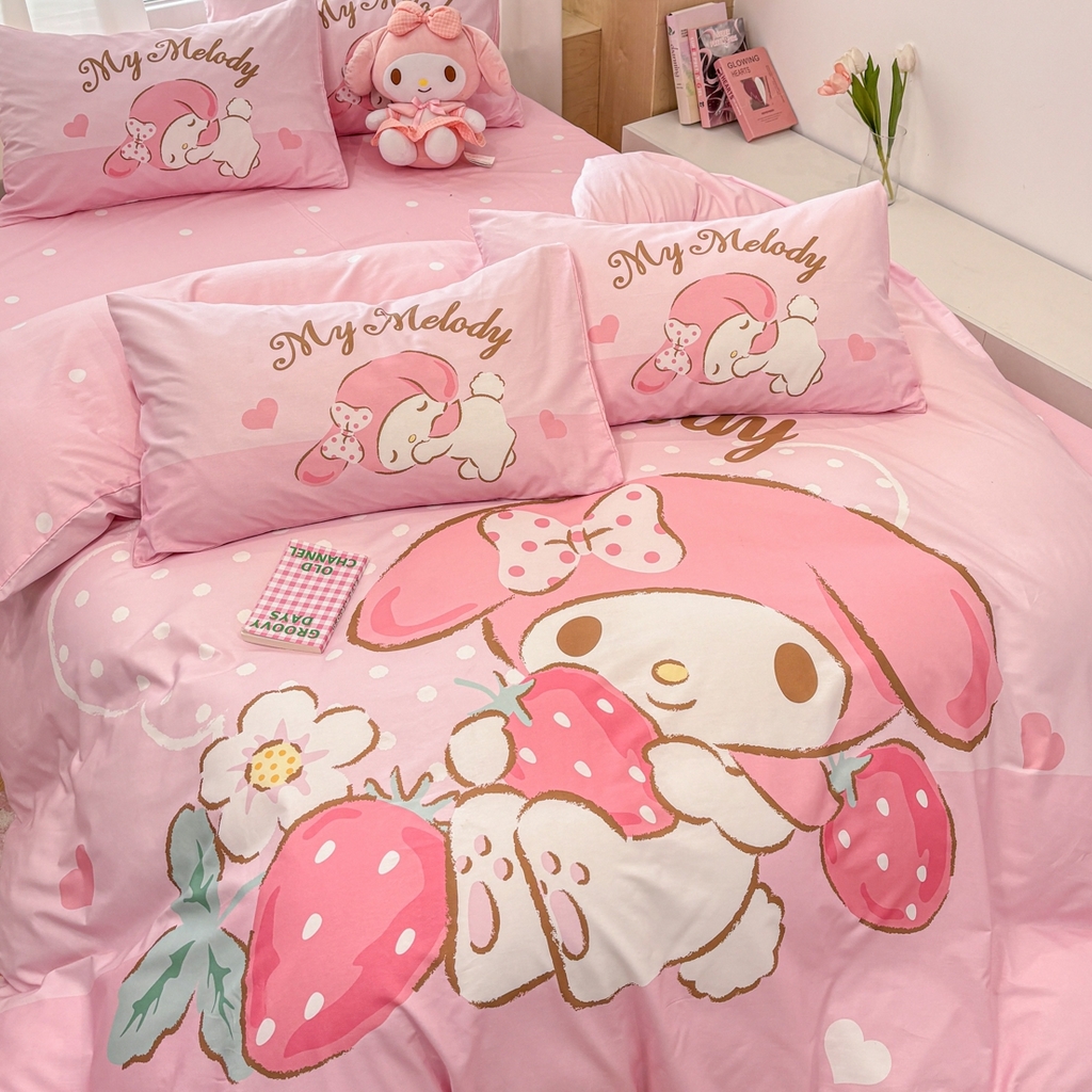 91家纺网 家纺一手货源 找家纺 孩子王家纺 2026新款卡通全棉纯棉正版授权大版三丽鸥系列四件套 美乐蒂日记