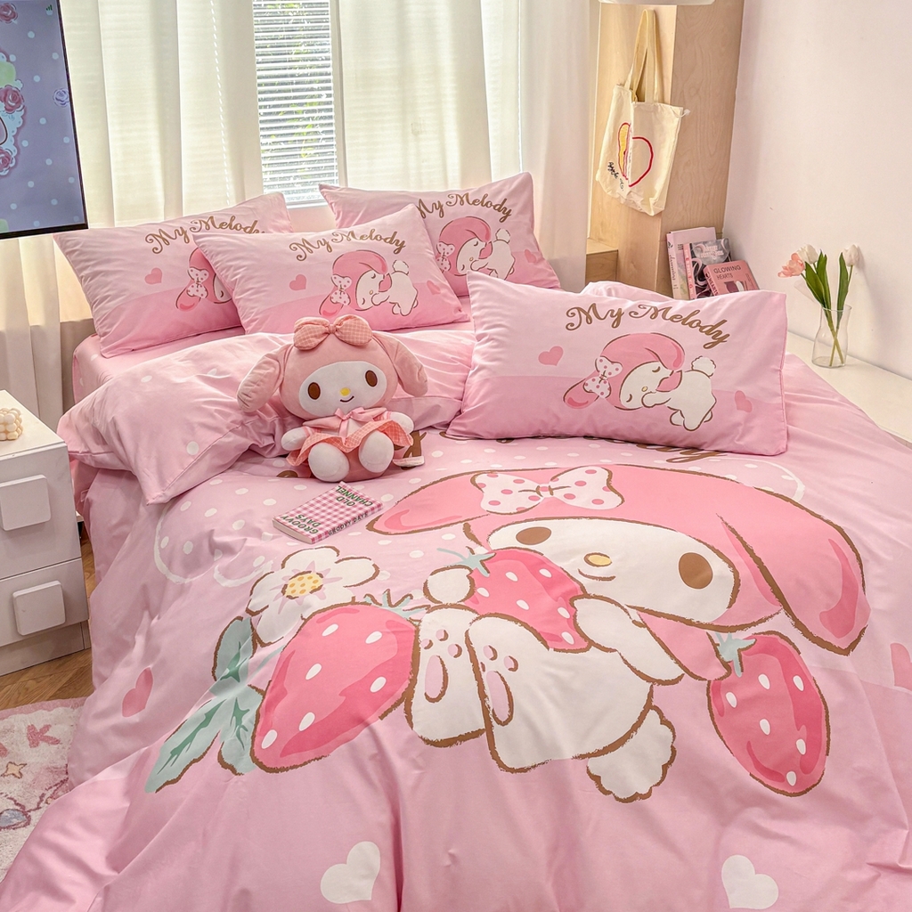 91家纺网 家纺一手货源 找家纺 孩子王家纺 2026新款卡通全棉纯棉正版授权大版三丽鸥系列四件套 美乐蒂日记