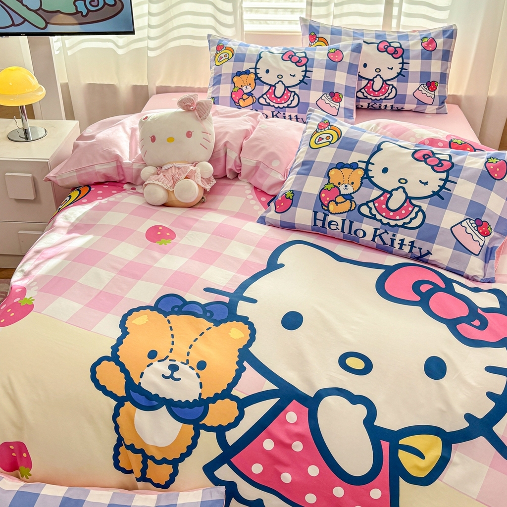 91家纺网 家纺一手货源 找家纺 孩子王家纺 2026新款卡通全棉纯棉正版授权大版三丽鸥系列四件套 格子乐园