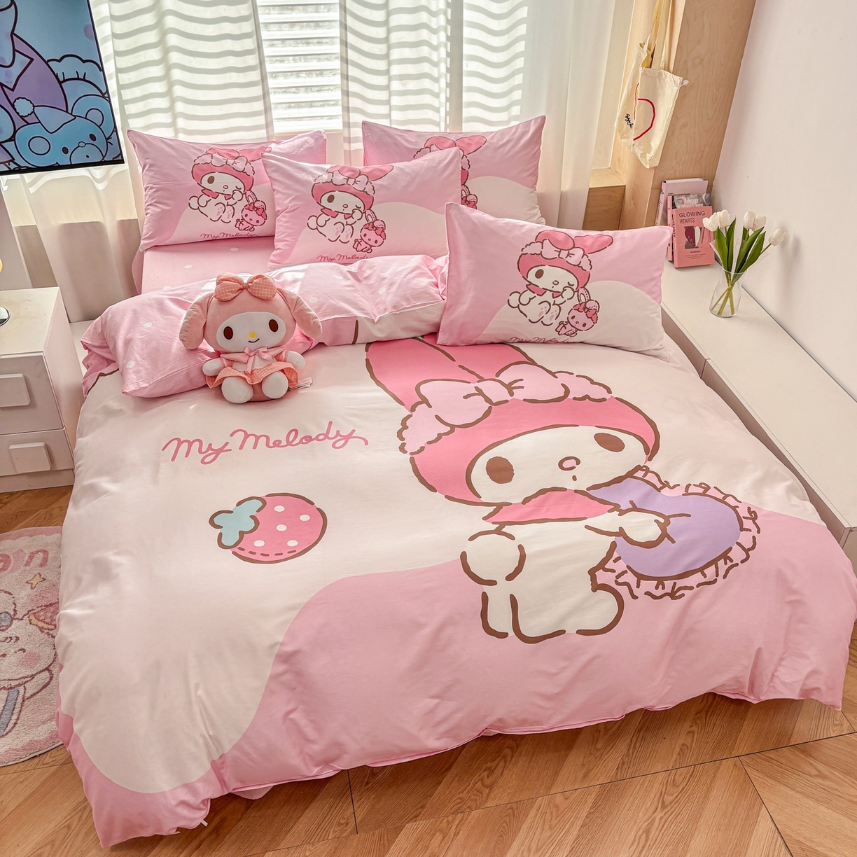 91家纺网 家纺一手货源 找家纺 孩子王家纺 2026新款卡通全棉纯棉正版授权大版三丽鸥系列四件套 草莓美乐蒂