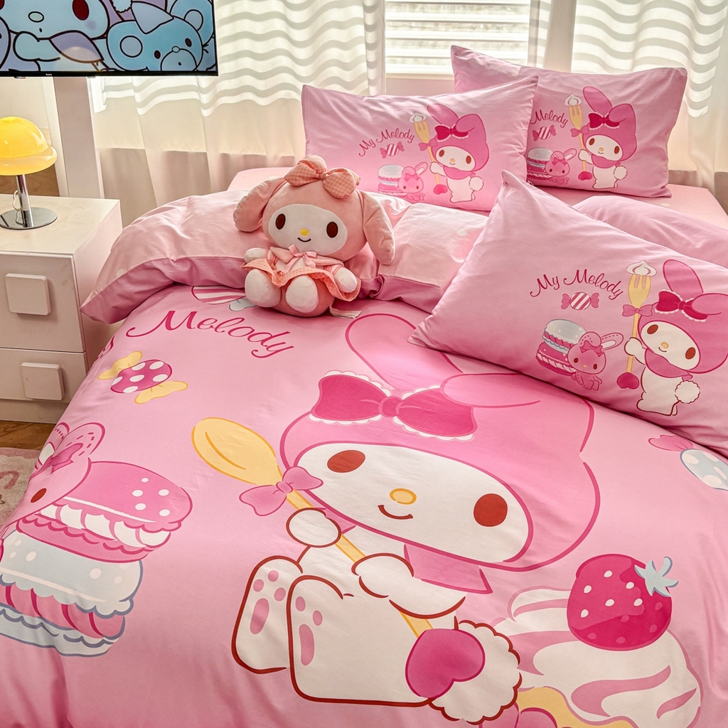 91家纺网 家纺一手货源 找家纺 孩子王家纺 2026新款卡通全棉纯棉正版授权大版三丽鸥系列四件套 蛋糕美乐蒂