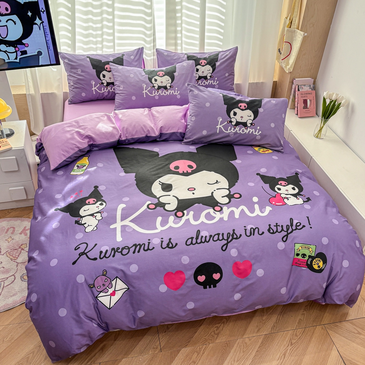 91家纺网 家纺一手货源 找家纺 孩子王家纺 2026新款卡通全棉纯棉正版授权大版三丽鸥系列四件套 圆点库洛米