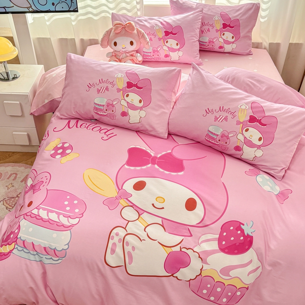 91家纺网 家纺一手货源 找家纺 孩子王家纺 2026新款卡通全棉纯棉正版授权大版三丽鸥系列四件套 蛋糕美乐蒂