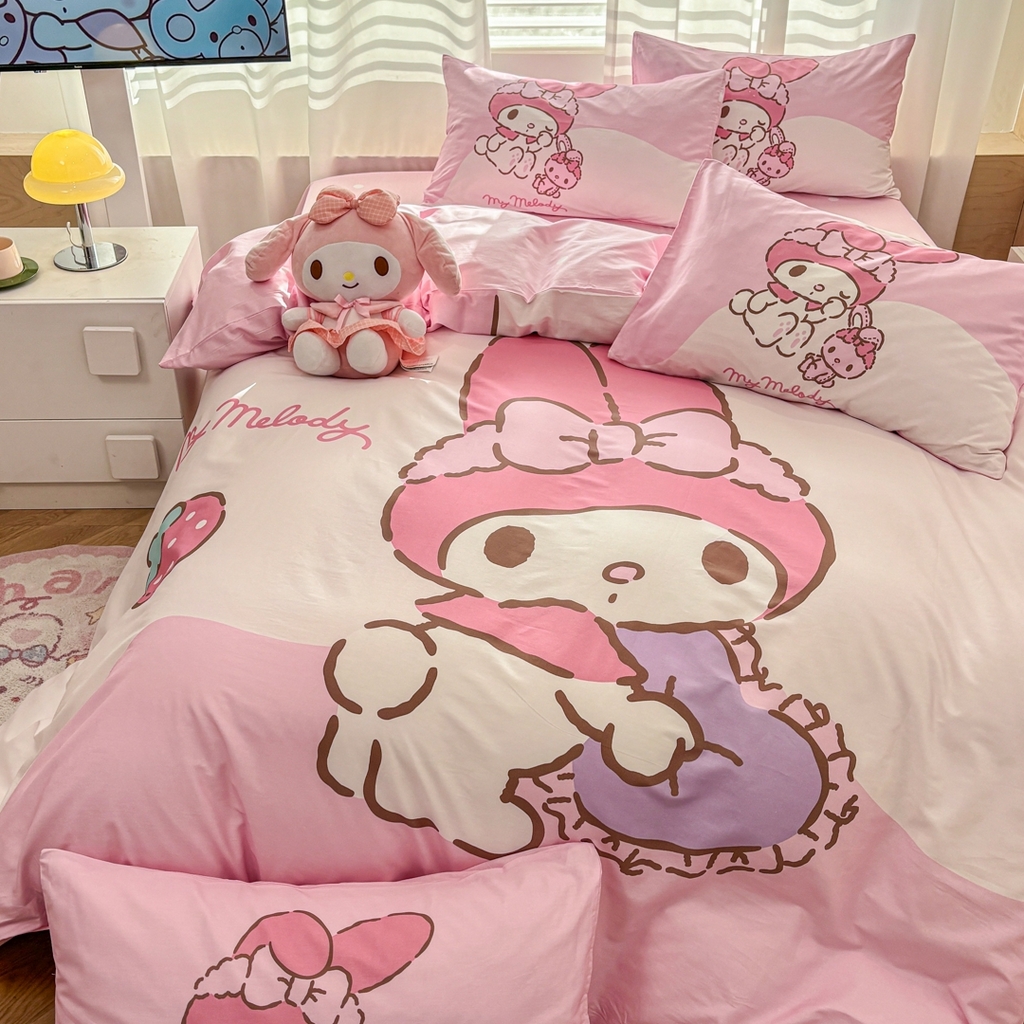 91家纺网 家纺一手货源 找家纺 孩子王家纺 2026新款卡通全棉纯棉正版授权大版三丽鸥系列四件套 草莓美乐蒂