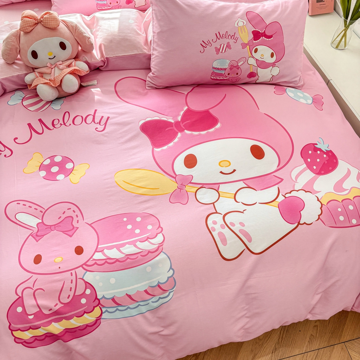 91家纺网 家纺一手货源 找家纺 孩子王家纺 2026新款卡通全棉纯棉正版授权大版三丽鸥系列四件套 蛋糕美乐蒂