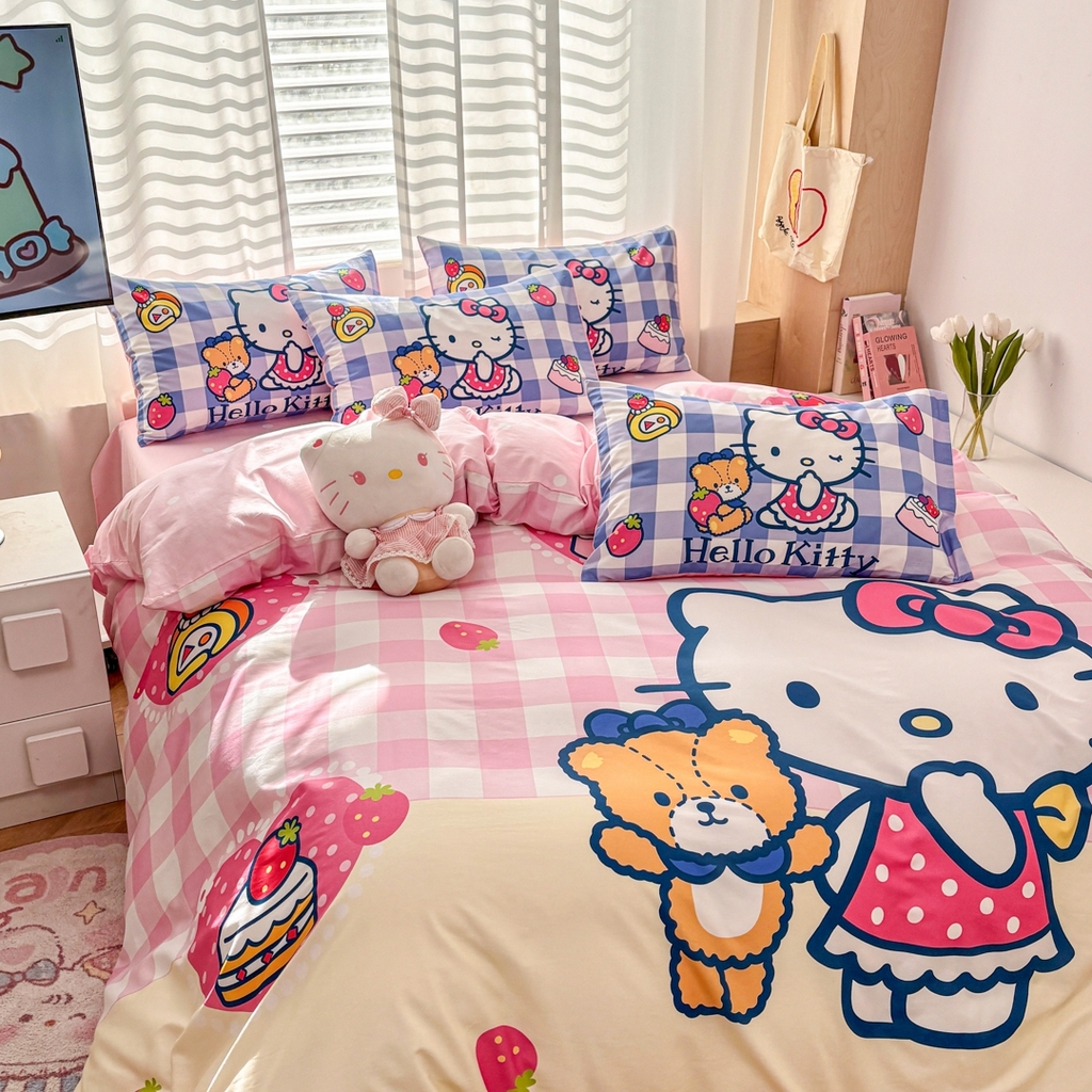 91家纺网 家纺一手货源 找家纺 孩子王家纺 2026新款卡通全棉纯棉正版授权大版三丽鸥系列四件套 格子乐园