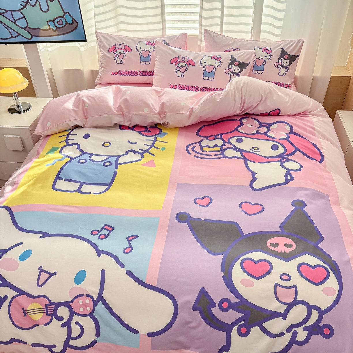 91家纺网 家纺一手货源 找家纺 孩子王家纺 2026新款卡通全棉纯棉正版授权大版三丽鸥系列四件套 马卡龙三丽鸥