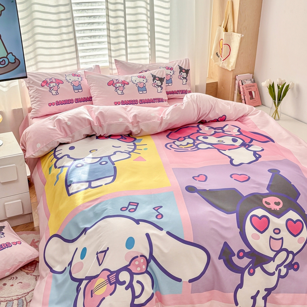 91家纺网 家纺一手货源 找家纺 孩子王家纺 2026新款卡通全棉纯棉正版授权大版三丽鸥系列四件套 马卡龙三丽鸥