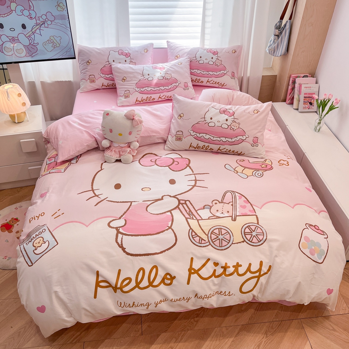 91家纺网 家纺一手货源 找家纺 孩子王家纺 2026新款卡通全棉纯棉正版授权大版三丽鸥系列四件套 香香kt