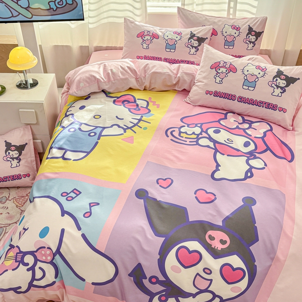 91家纺网 家纺一手货源 找家纺 孩子王家纺 2026新款卡通全棉纯棉正版授权大版三丽鸥系列四件套 马卡龙三丽鸥