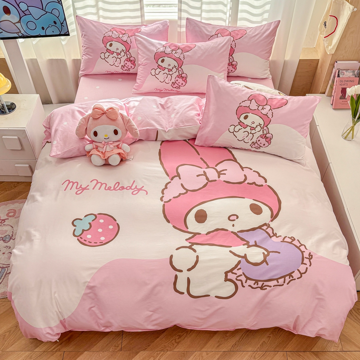 91家纺网 家纺一手货源 找家纺 孩子王家纺 2026新款卡通全棉纯棉正版授权大版三丽鸥系列四件套 草莓美乐蒂