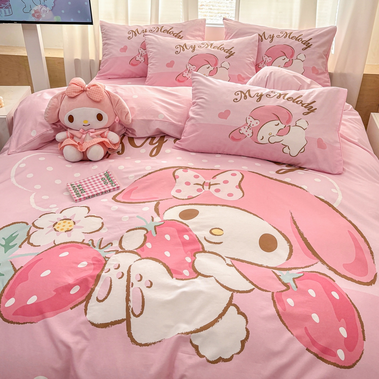 91家纺网 家纺一手货源 找家纺 孩子王家纺 2026新款卡通全棉纯棉正版授权大版三丽鸥系列四件套 美乐蒂日记