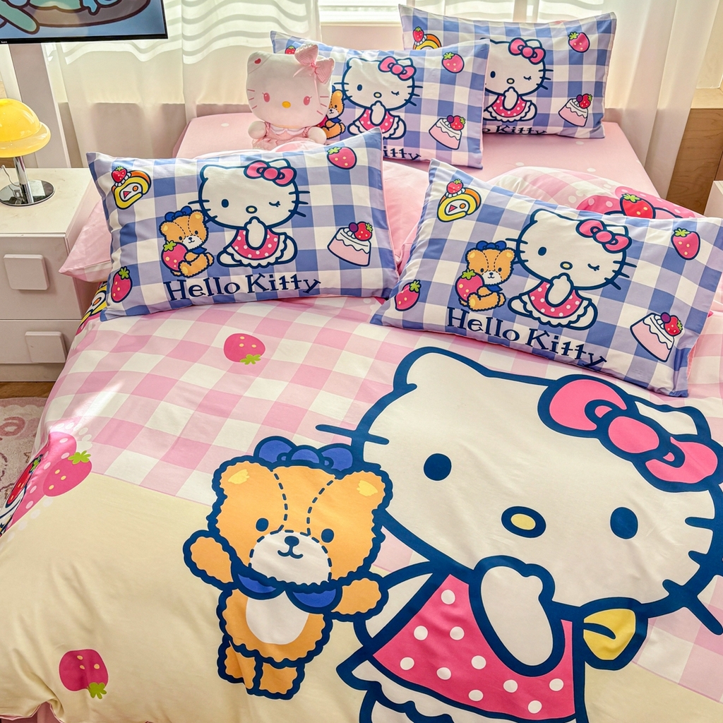 91家纺网 家纺一手货源 找家纺 孩子王家纺 2026新款卡通全棉纯棉正版授权大版三丽鸥系列四件套 格子乐园