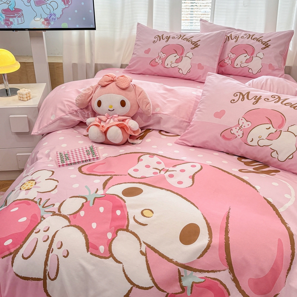 91家纺网 家纺一手货源 找家纺 孩子王家纺 2026新款卡通全棉纯棉正版授权大版三丽鸥系列四件套 美乐蒂日记