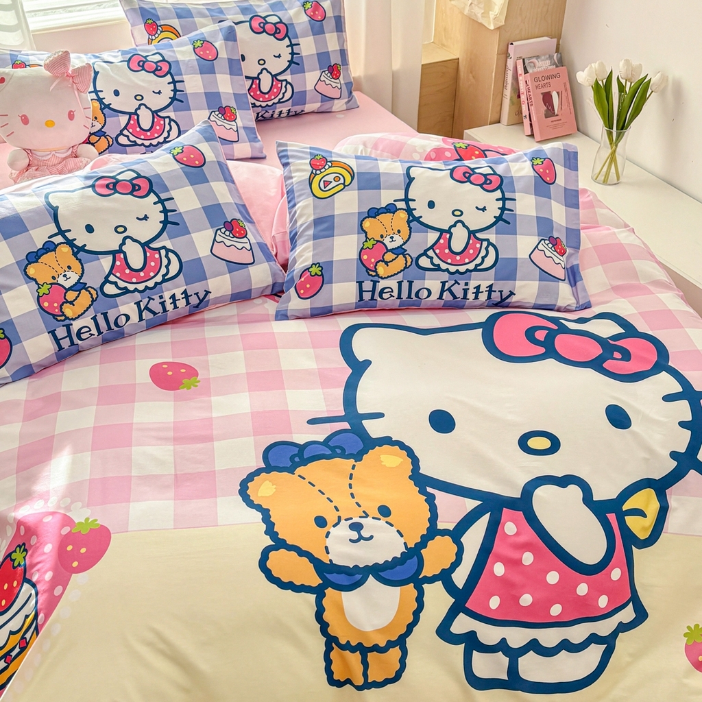 91家纺网 家纺一手货源 找家纺 孩子王家纺 2026新款卡通全棉纯棉正版授权大版三丽鸥系列四件套 格子乐园