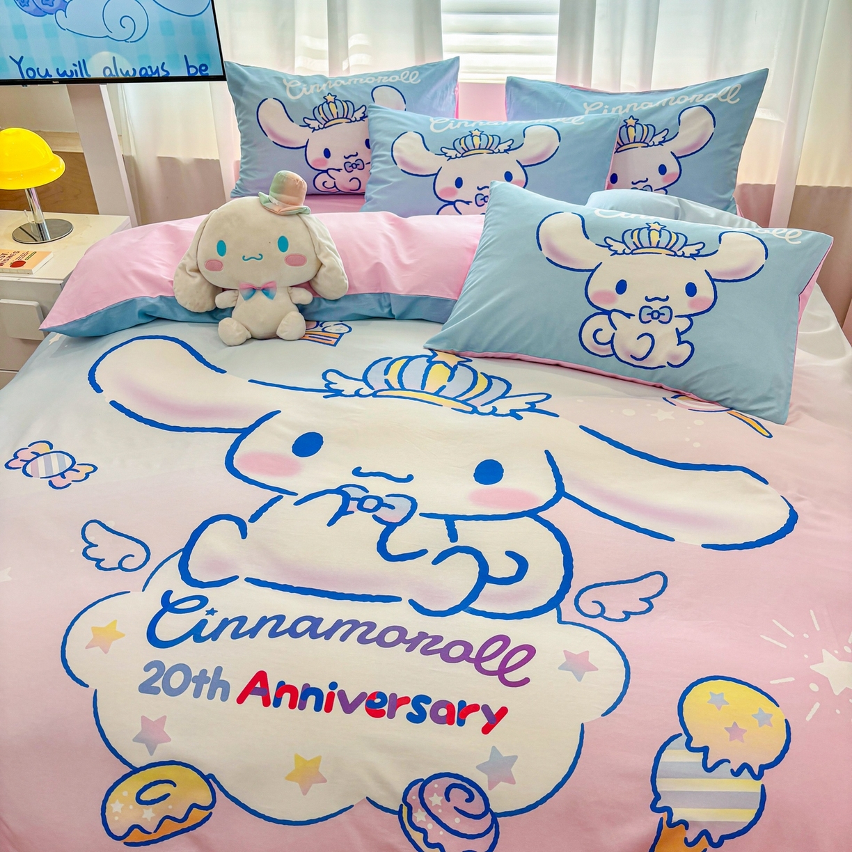 91家纺网 家纺一手货源 找家纺 孩子王家纺 2026新款卡通全棉纯棉正版授权大版三丽鸥系列四件套 闪亮玉桂狗