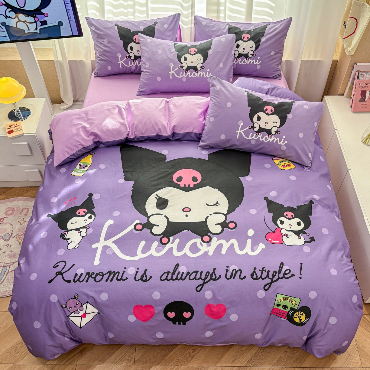 91家纺网 家纺一手货源 找家纺 孩子王家纺 2026新款卡通全棉纯棉正版授权大版三丽鸥系列四件套 圆点库洛米