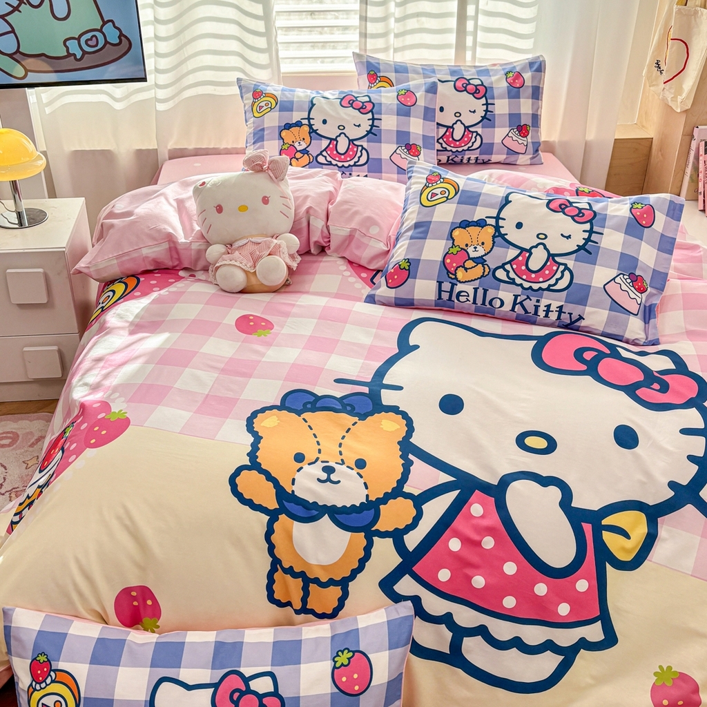 91家纺网 家纺一手货源 找家纺 孩子王家纺 2026新款卡通全棉纯棉正版授权大版三丽鸥系列四件套 格子乐园