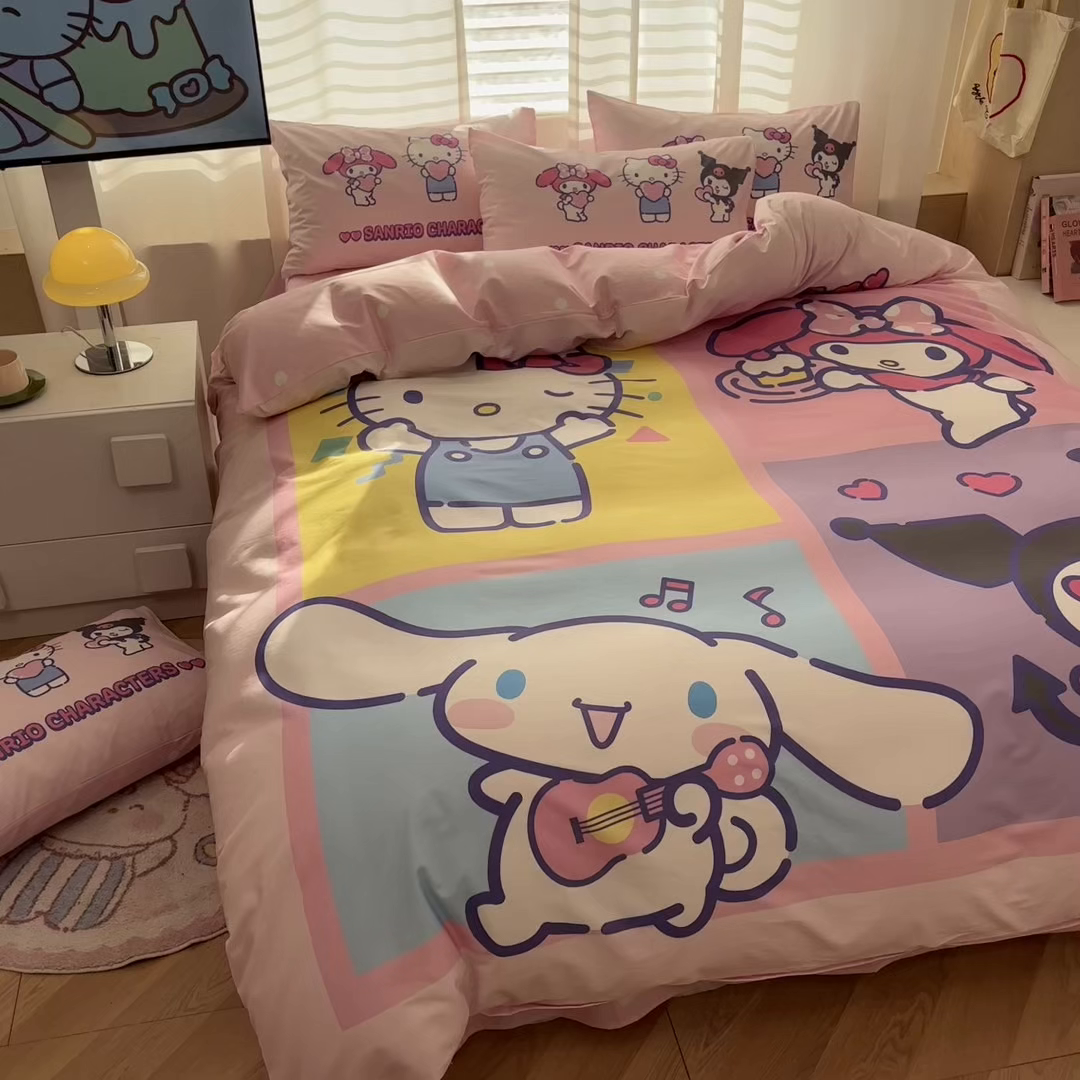 91家纺网 家纺一手货源 找家纺 孩子王家纺 2026新款卡通全棉纯棉正版授权大版三丽鸥系列四件套 马卡龙三丽鸥