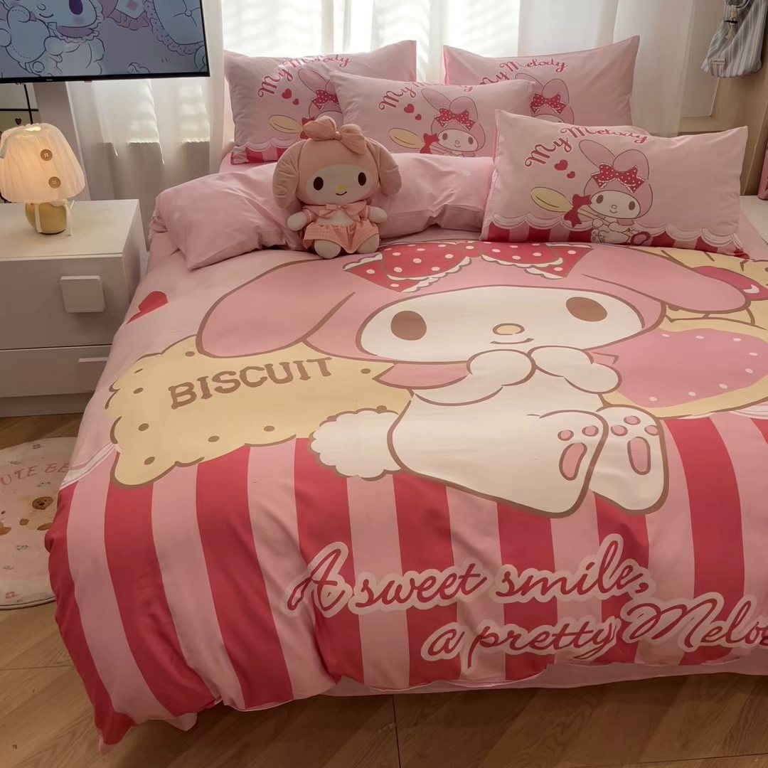 91家纺网 家纺一手货源 找家纺 孩子王家纺 2026新款卡通全棉纯棉正版授权大版三丽鸥系列四件套 饼干美乐蒂