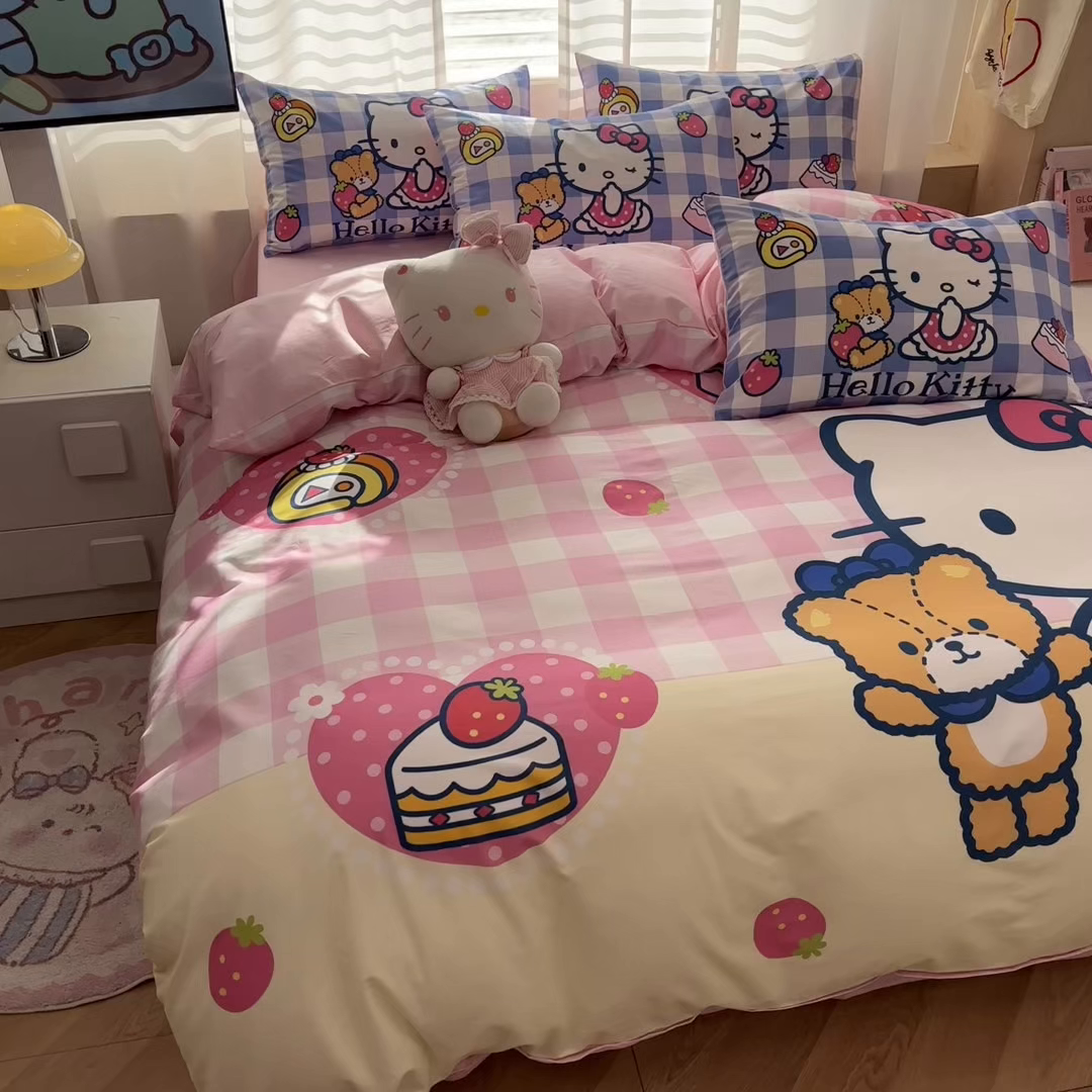 91家纺网 家纺一手货源 找家纺 孩子王家纺 2026新款卡通全棉纯棉正版授权大版三丽鸥系列四件套 格子乐园