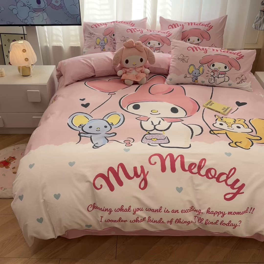 91家纺网 家纺一手货源 找家纺 孩子王家纺 2026新款卡通全棉纯棉正版授权大版三丽鸥系列四件套 卡哇伊美乐蒂