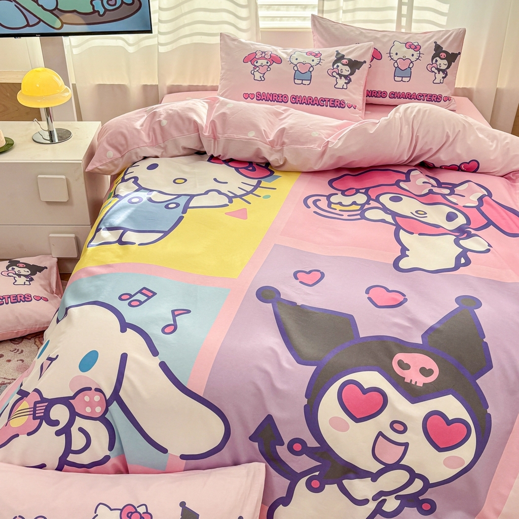 91家纺网 家纺一手货源 找家纺 孩子王家纺 2026新款卡通全棉纯棉正版授权大版三丽鸥系列四件套 马卡龙三丽鸥