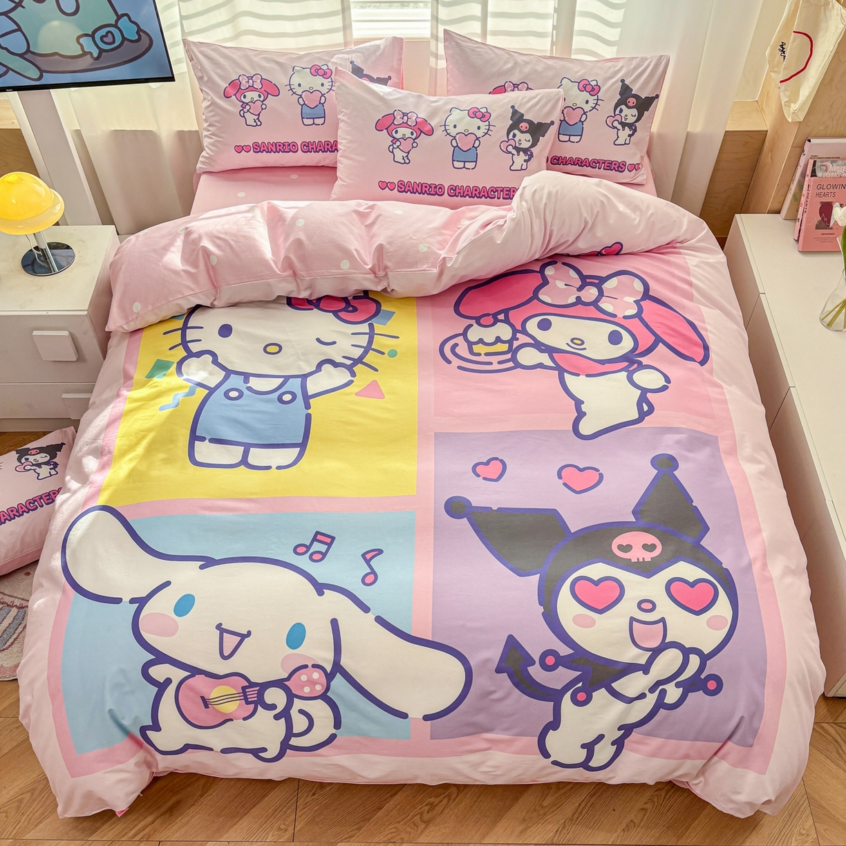 91家纺网 家纺一手货源 找家纺 孩子王家纺 2026新款卡通全棉纯棉正版授权大版三丽鸥系列四件套 马卡龙三丽鸥