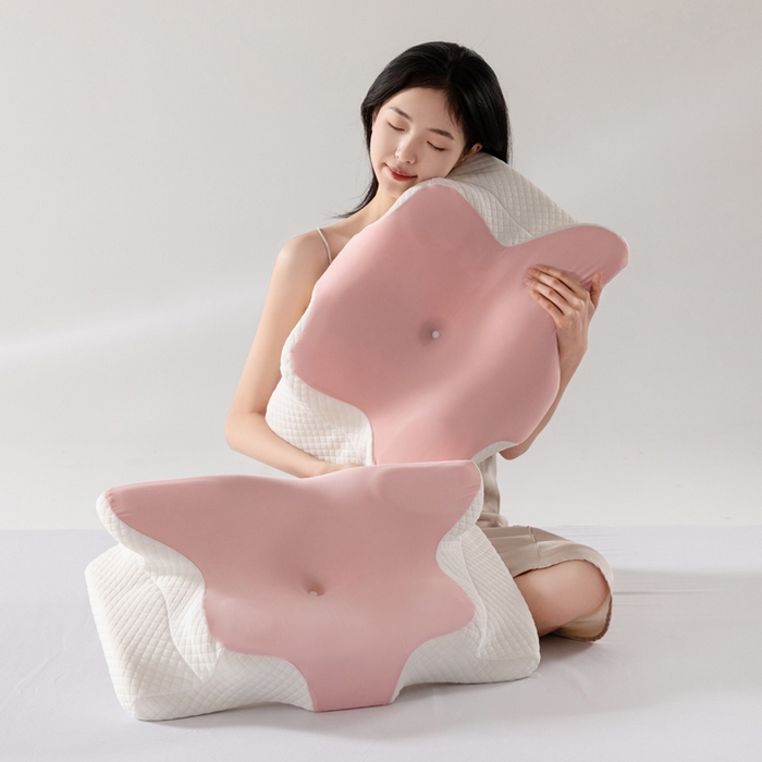 91家纺网 家纺一手货源 找家纺 七夜居 2026新款跨境支撑性牛角枕飞机枕碟形枕枕头慢回弹枕芯 粉色