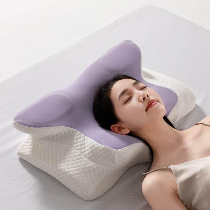 91家纺网 家纺一手货源 找家纺 七夜居 2026新款跨境支撑性牛角枕飞机枕碟形枕枕头慢回弹枕芯 紫色