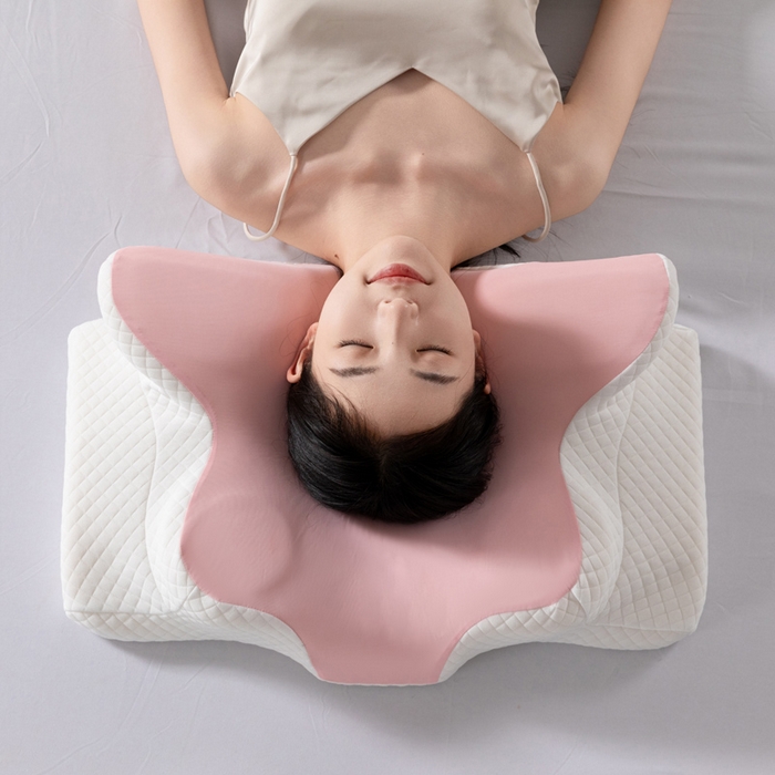 91家纺网 家纺一手货源 找家纺 七夜居 2026新款跨境支撑性牛角枕飞机枕碟形枕枕头慢回弹枕芯 粉色