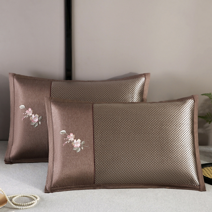 小牛席业 2026新款冰藤夏凉枕套【中式刺绣】 大冰藤香槟