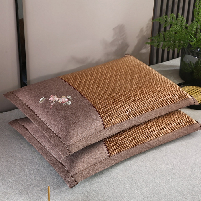 91家纺网 家纺一手货源 找家纺 小牛席业 2026新款冰藤夏凉枕套【中式刺绣】 大冰藤咖色